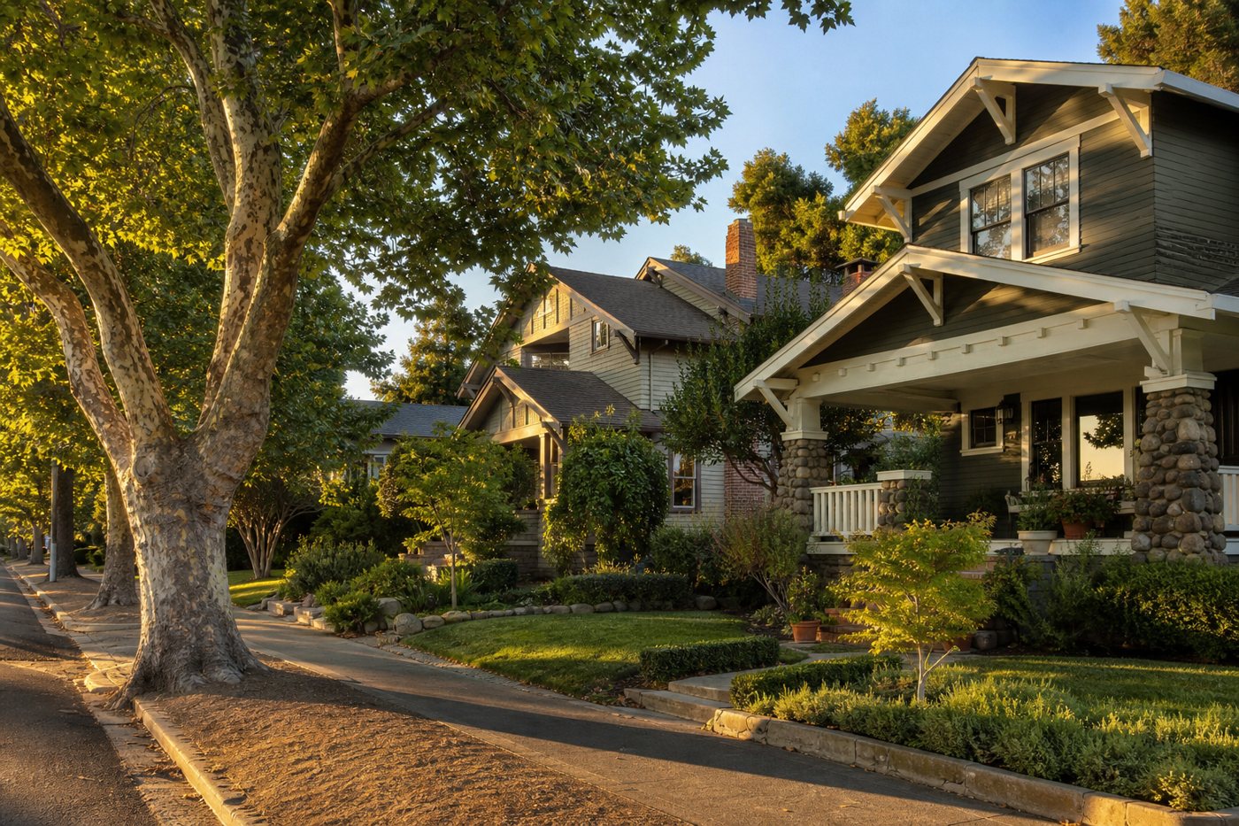Sacramento, California residential tree-lined street, AI-generated concept imagery